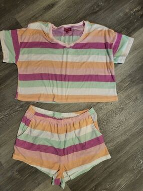 Womens Carisma Pastel Striped Top Athletic Shorts 2pc Set Size Large